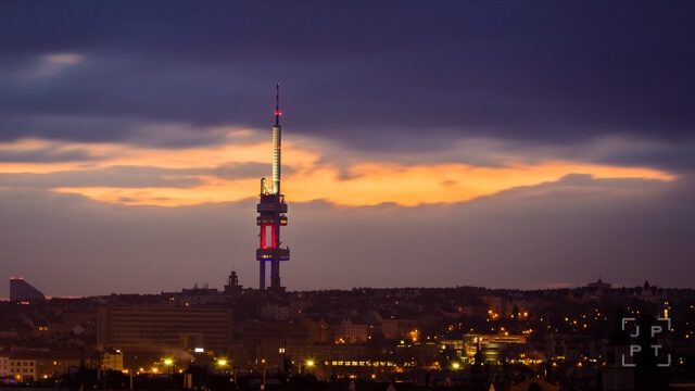 Žižkov TV tower at sunrise, Prague