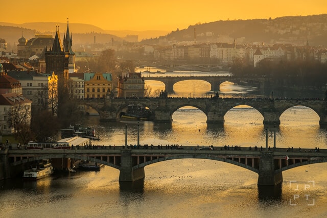 Bridges over the Vltava river at sunset, Prague