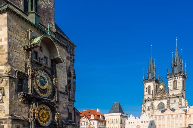 Astronomical clock and Týn Church in Prague
