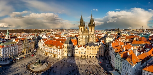 Panoramic view of Old Town Square and Týn Church in Prague