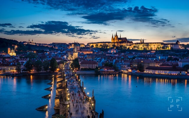 Prague skyline with Charles bridge and Prague castle at twilight, Czech Republic