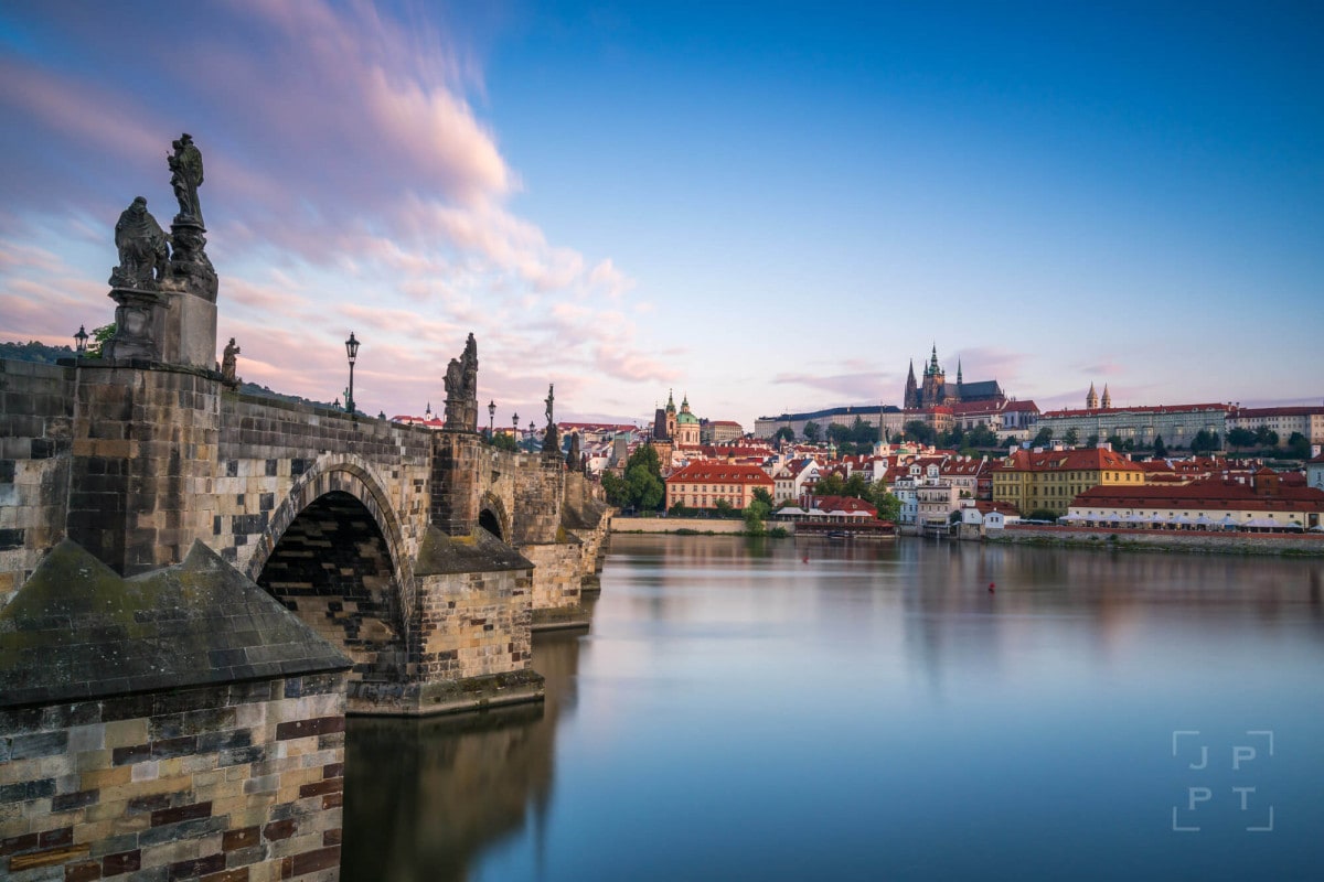 Charles bridge and Prague castle at sunrise